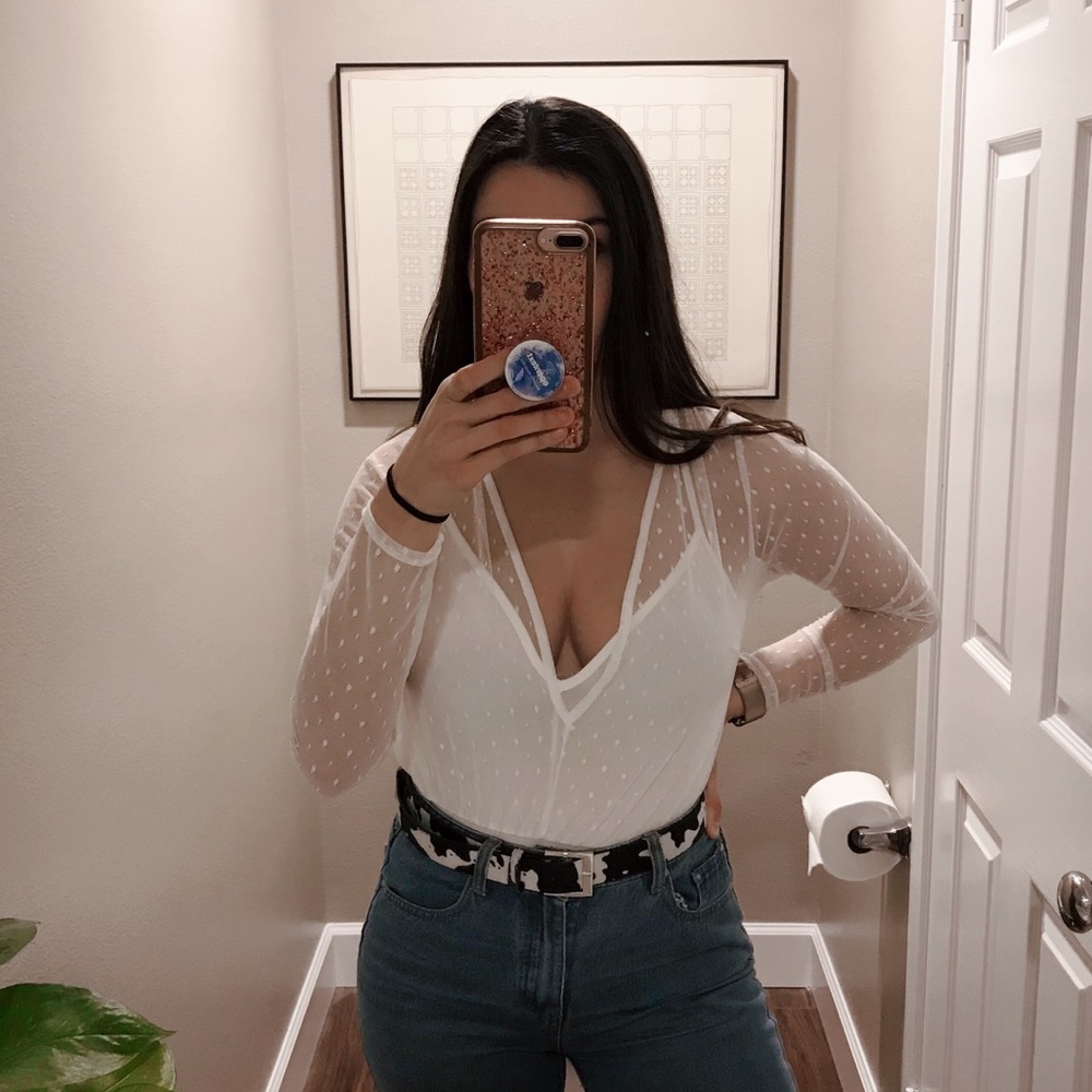 never worn! White Polka Dot Mesh Bodysuit